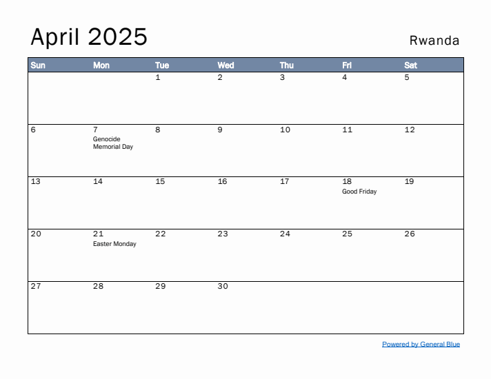 April 2025 Simple Monthly Calendar for Rwanda