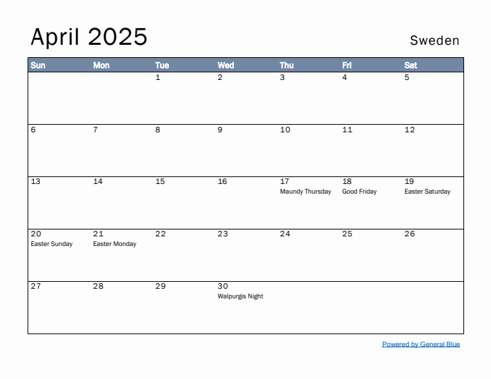 April 2025 Simple Monthly Calendar for Sweden