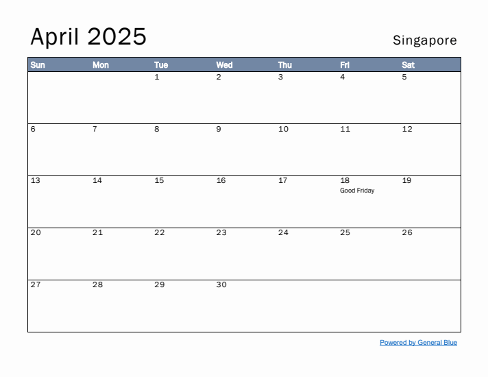 April 2025 Simple Monthly Calendar for Singapore