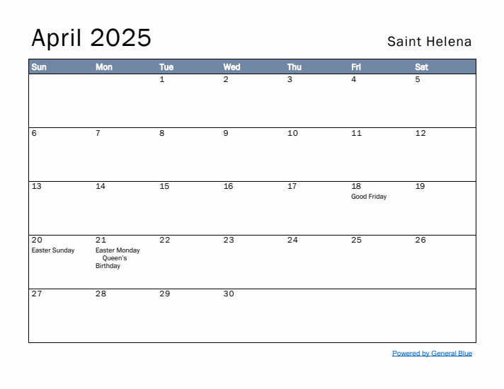 April 2025 Simple Monthly Calendar for Saint Helena