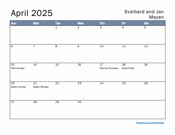 April 2025 Simple Monthly Calendar for Svalbard and Jan Mayen