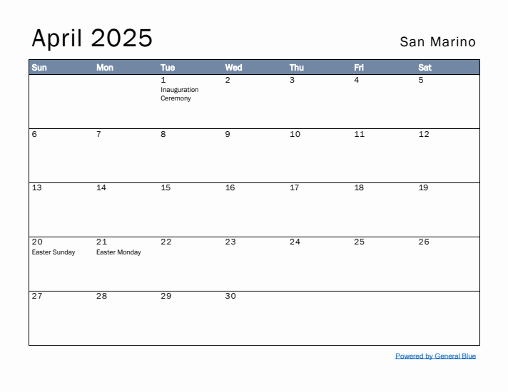 April 2025 Simple Monthly Calendar for San Marino