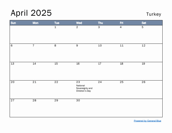 April 2025 Simple Monthly Calendar for Turkey