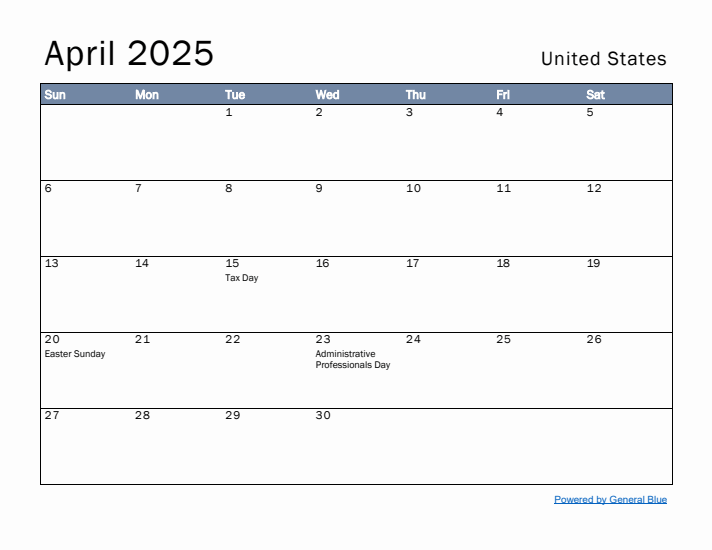 April 2025 Simple Monthly Calendar for United States