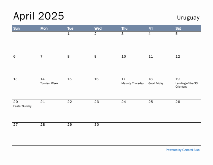 April 2025 Simple Monthly Calendar for Uruguay