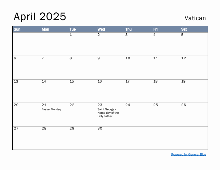 April 2025 Simple Monthly Calendar for Vatican