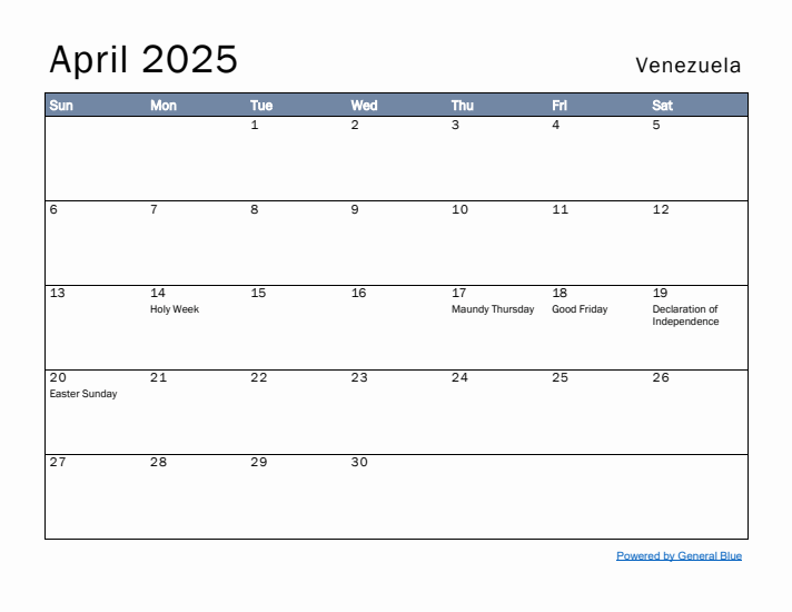 April 2025 Simple Monthly Calendar for Venezuela