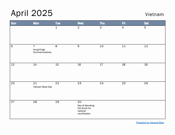 April 2025 Simple Monthly Calendar for Vietnam