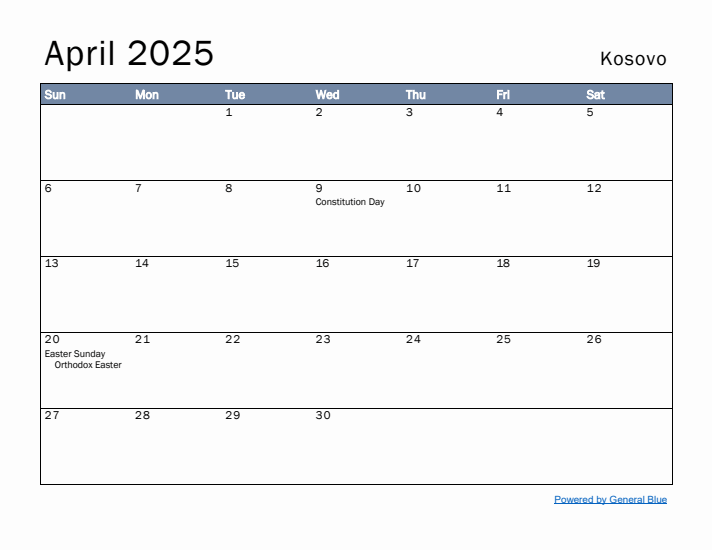 April 2025 Simple Monthly Calendar for Kosovo