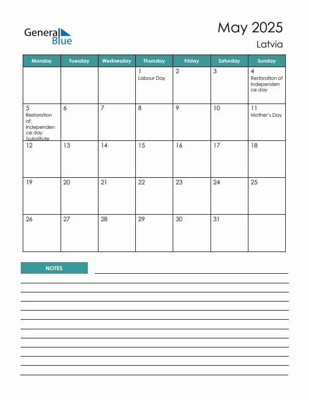 Calendar with Notes Printable - Monday Start