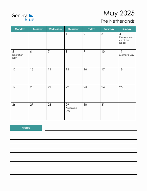 Calendar with Notes Printable - Monday Start