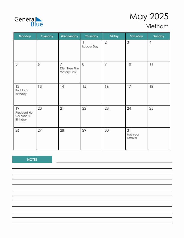 Calendar with Notes Printable - Monday Start