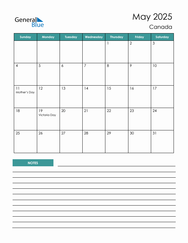 Calendar with Notes Printable - Sunday Start