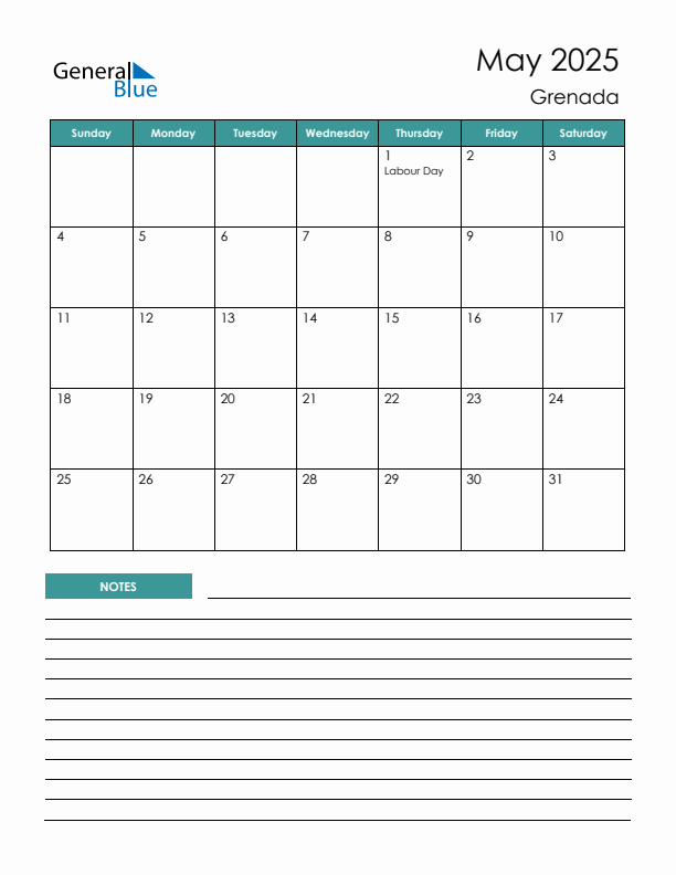 Calendar with Notes Printable - Sunday Start