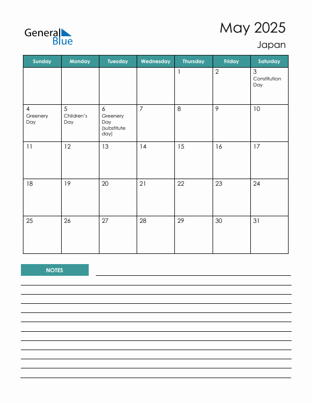 Calendar with Notes Printable - Sunday Start