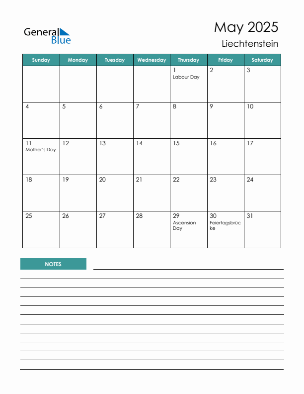 Calendar with Notes Printable - Sunday Start