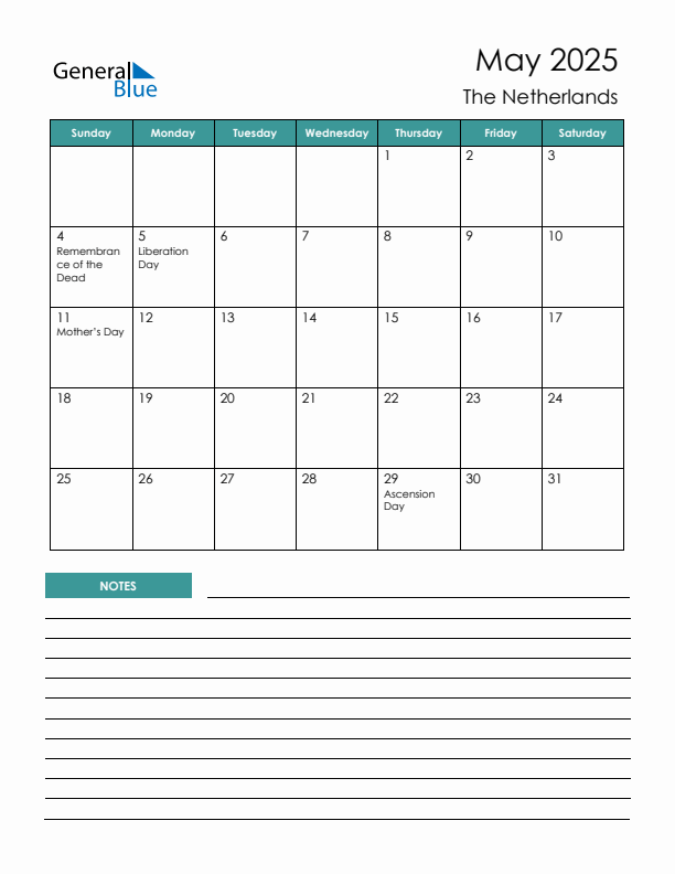 Calendar with Notes Printable - Sunday Start