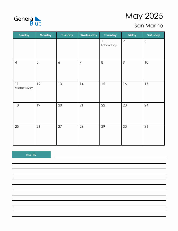 Calendar with Notes Printable - Sunday Start