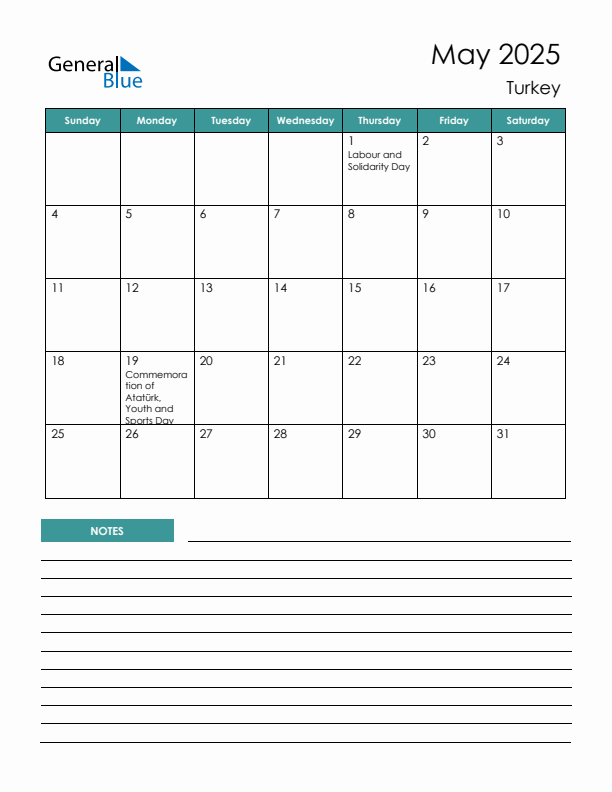 Calendar with Notes Printable - Sunday Start