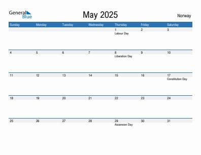 Current month calendar with Norway holidays for May 2025