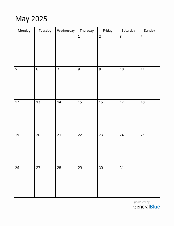 Monday Start Calendar for May 2025