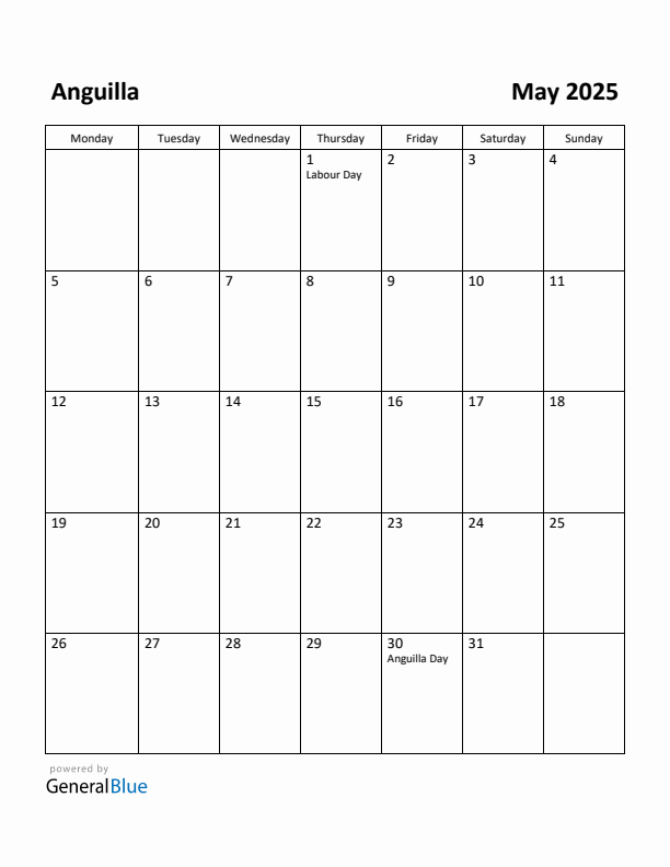 May 2025 Calendar with Anguilla Holidays