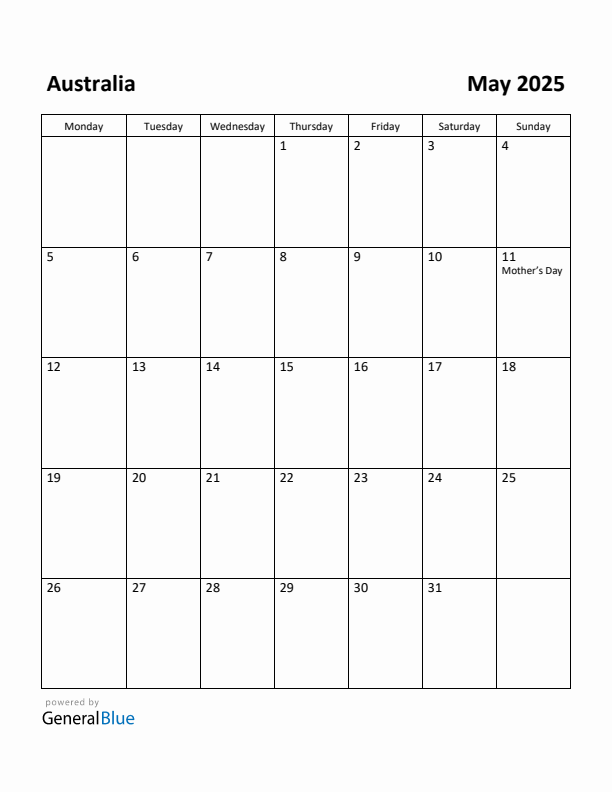 May 2025 Calendar with Australia Holidays