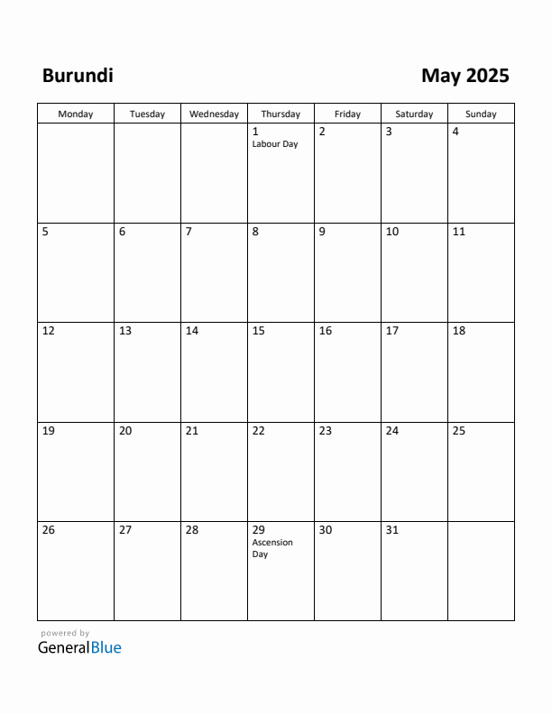 May 2025 Calendar with Burundi Holidays