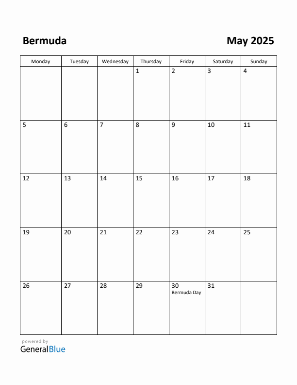 May 2025 Calendar with Bermuda Holidays