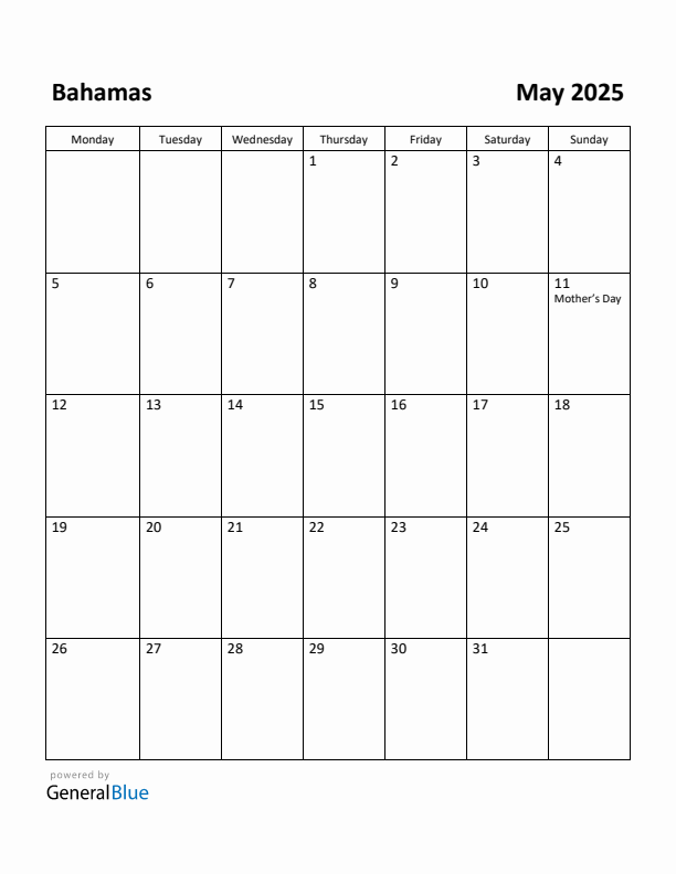 May 2025 Calendar with Bahamas Holidays