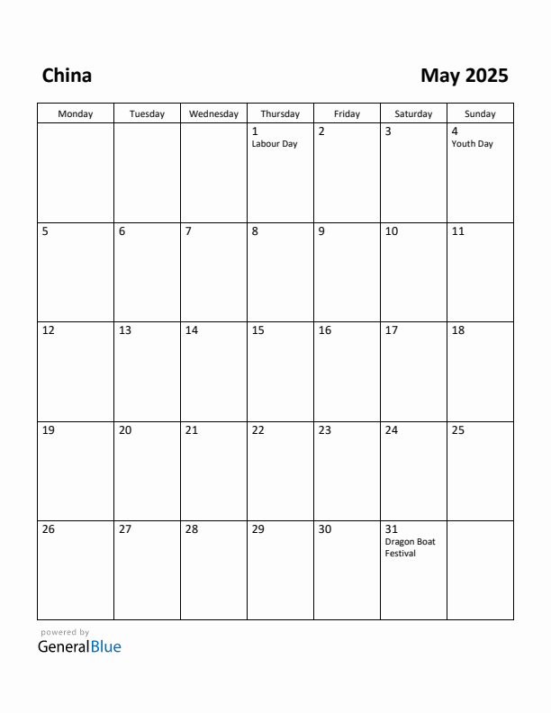 May 2025 Calendar with China Holidays