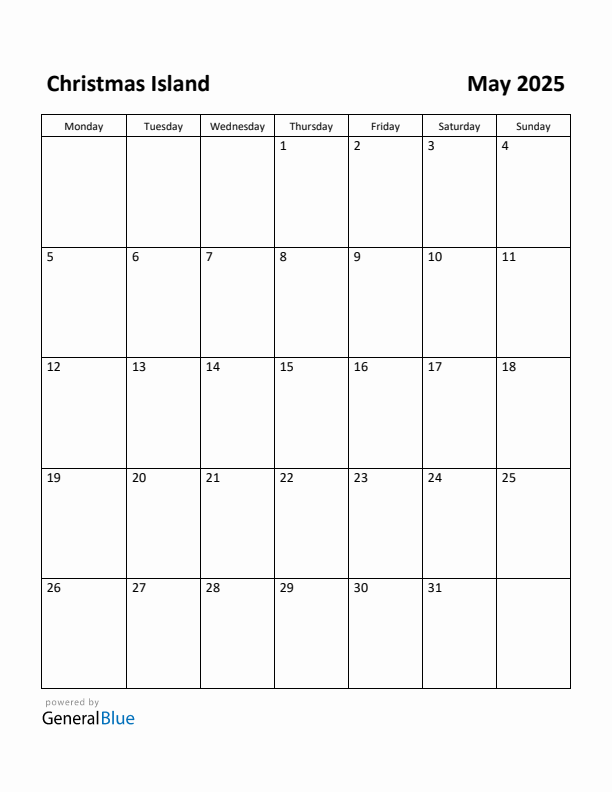 May 2025 Calendar with Christmas Island Holidays