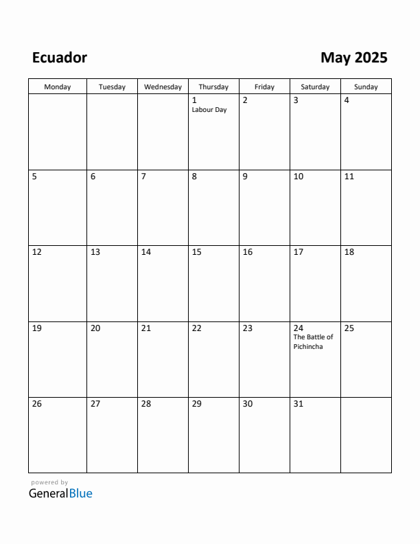 May 2025 Calendar with Ecuador Holidays