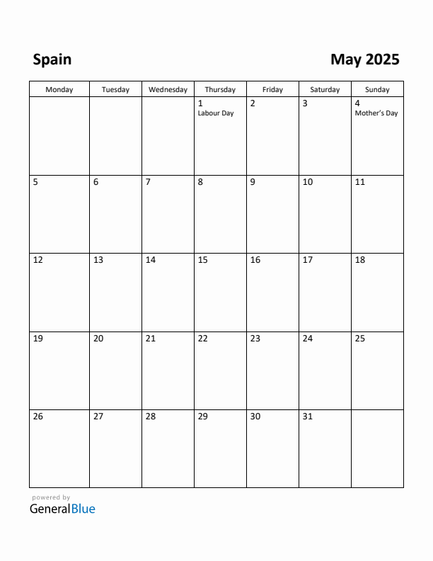 May 2025 Calendar with Spain Holidays