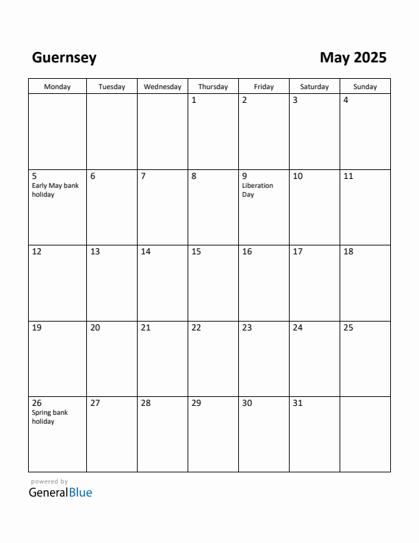 May 2025 Calendar with Guernsey Holidays