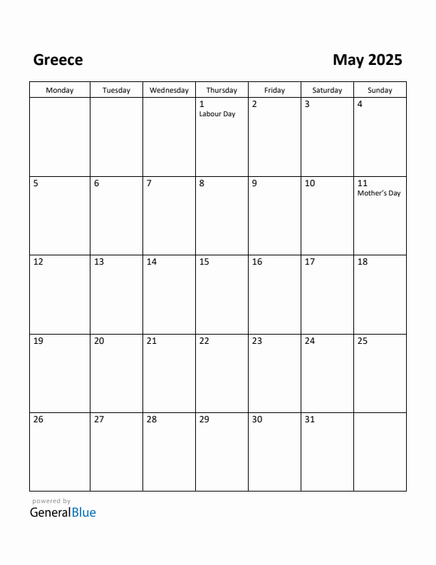 May 2025 Calendar with Greece Holidays