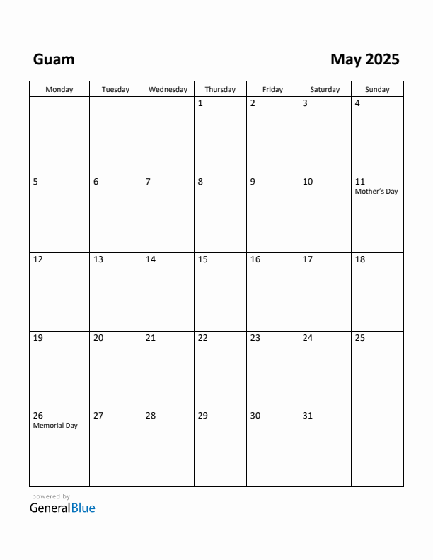 May 2025 Calendar with Guam Holidays