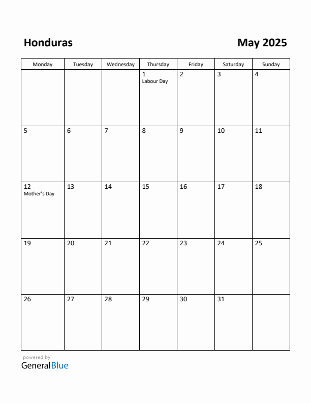 May 2025 Calendar with Honduras Holidays