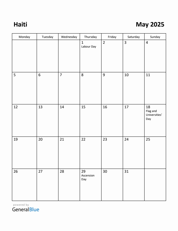 May 2025 Calendar with Haiti Holidays