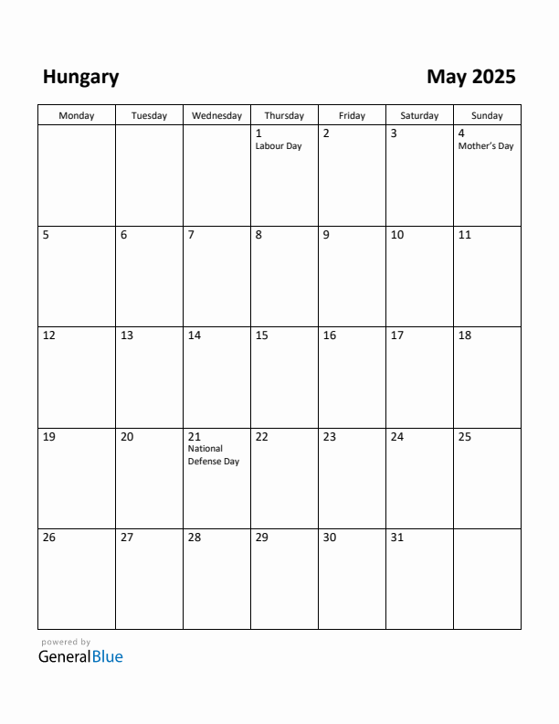 May 2025 Calendar with Hungary Holidays