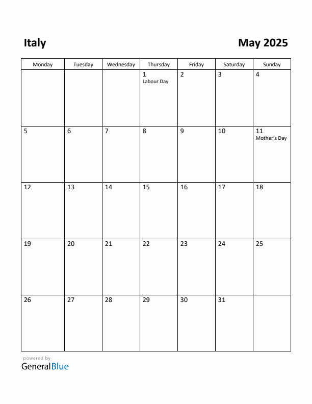 May 2025 Calendar with Italy Holidays