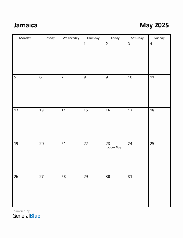 May 2025 Calendar with Jamaica Holidays