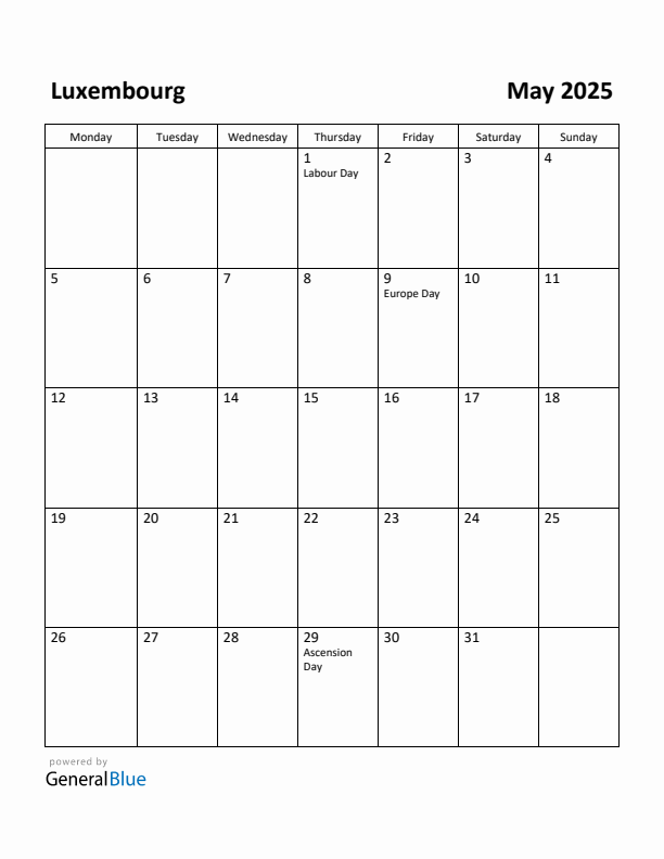 May 2025 Calendar with Luxembourg Holidays