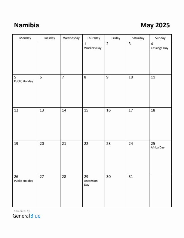 May 2025 Calendar with Namibia Holidays