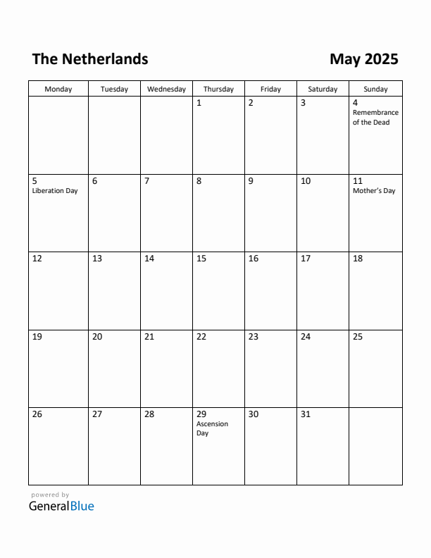 May 2025 Calendar with The Netherlands Holidays