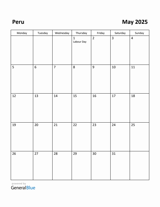 May 2025 Calendar with Peru Holidays