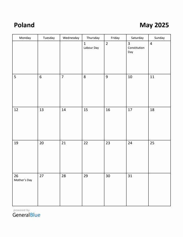 May 2025 Calendar with Poland Holidays