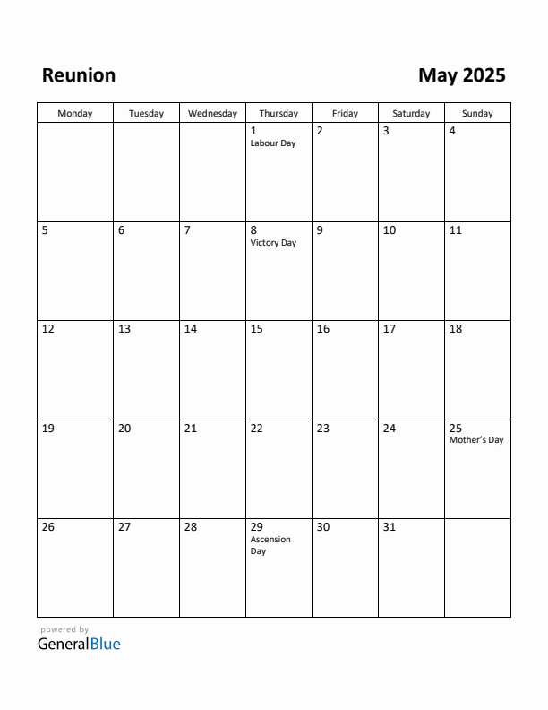 May 2025 Calendar with Reunion Holidays