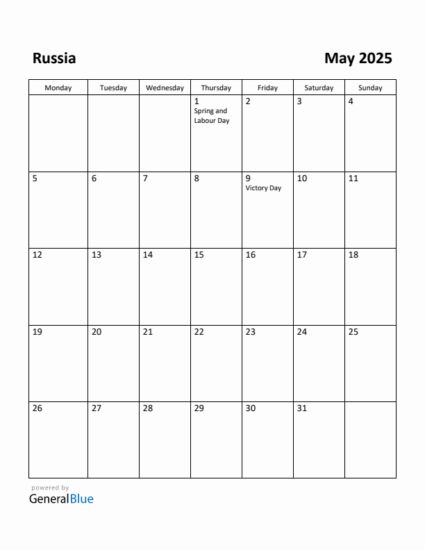 May 2025 Calendar with Russia Holidays