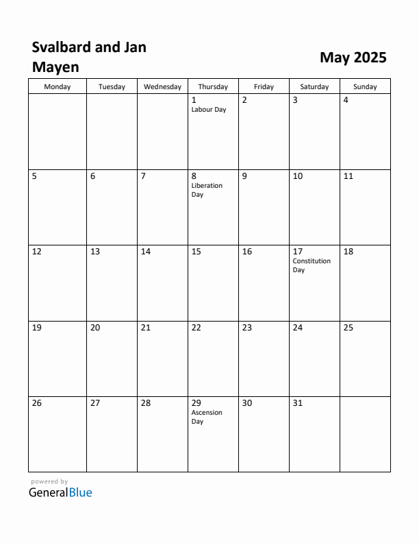 May 2025 Calendar with Svalbard and Jan Mayen Holidays